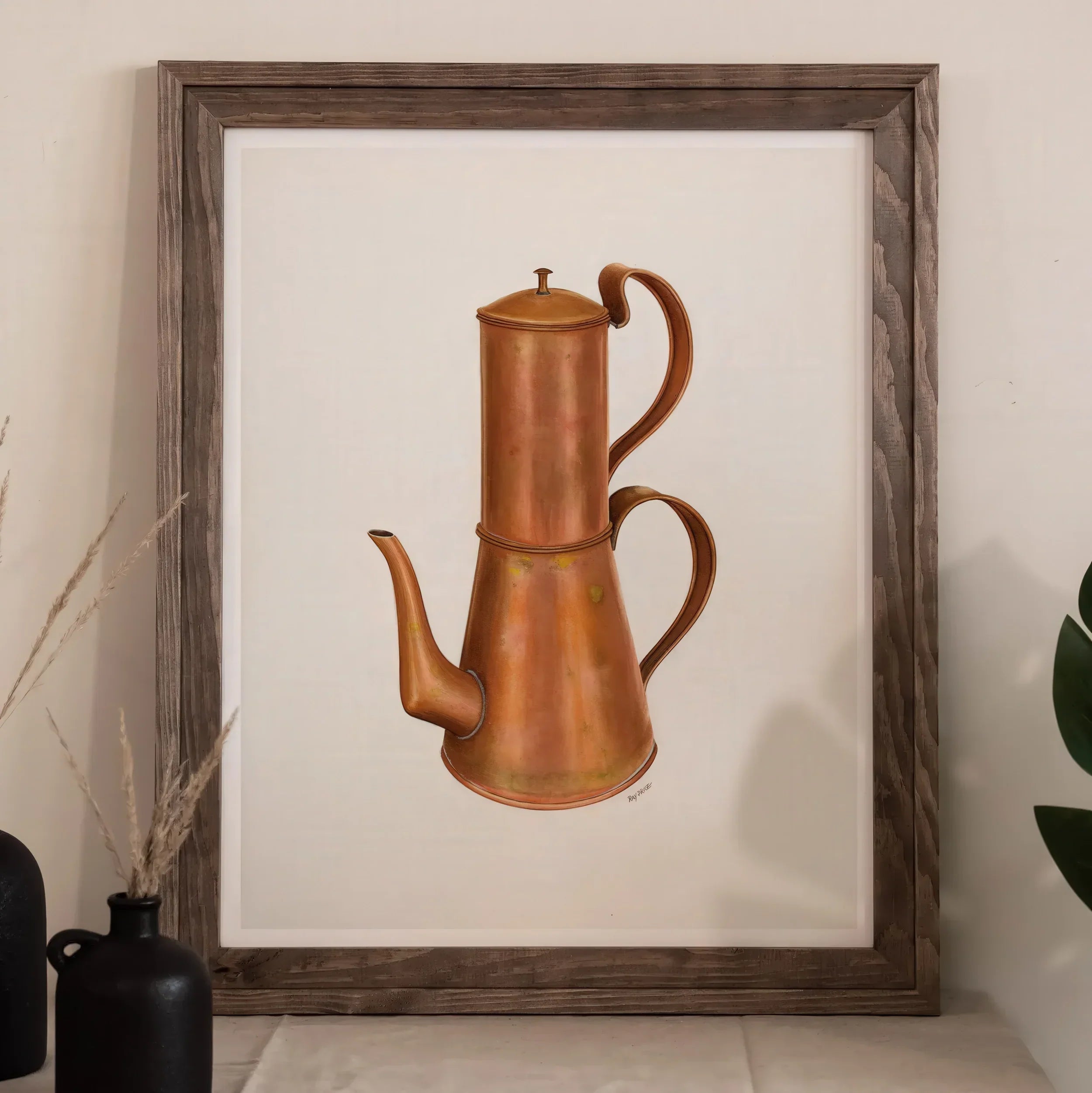 Copper Coffee Pot Ray Price 1930s Kitchen Art Print, Copper Colored Coffee Pot Teapot Stacked Design Long Spout
