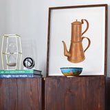 Copper Coffee Pot - Ray Price 1930s Kitchen Art Print, Framed Artwork Copper Coffee Pot Colorful Bowl