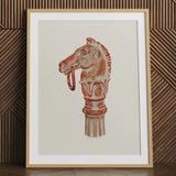 Copper horse hitching post art print, framed.