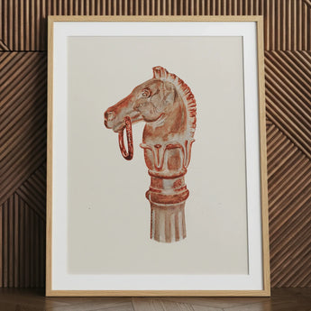 Copper horse hitching post art print, framed.