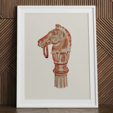 Copper horse hitching post art print in white frame