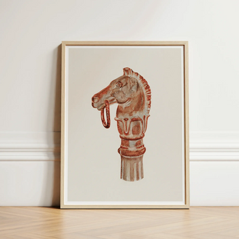 Copper Hitching Post - Gerard Barnett Horse Art Print / Canvas Framed Artwork Reddish-brown Stylized Head Decorative Mane, Sepia-toned