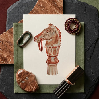 Copper Hitching Post - Gerard Barnett Horse Art Print / Canvas Watercolor Illustration Head Mounted Ornate Column Rendered Decorative,