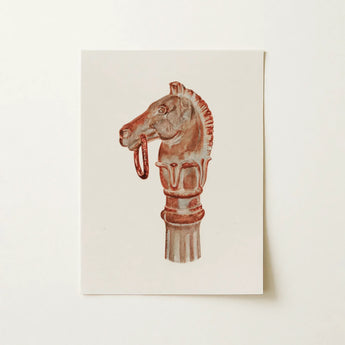 Copper Hitching Post - Gerard Barnett Horse Art Print / Canvas Watercolor Illustration Vintage-style Horse Head Finial Reddish-brown Muted