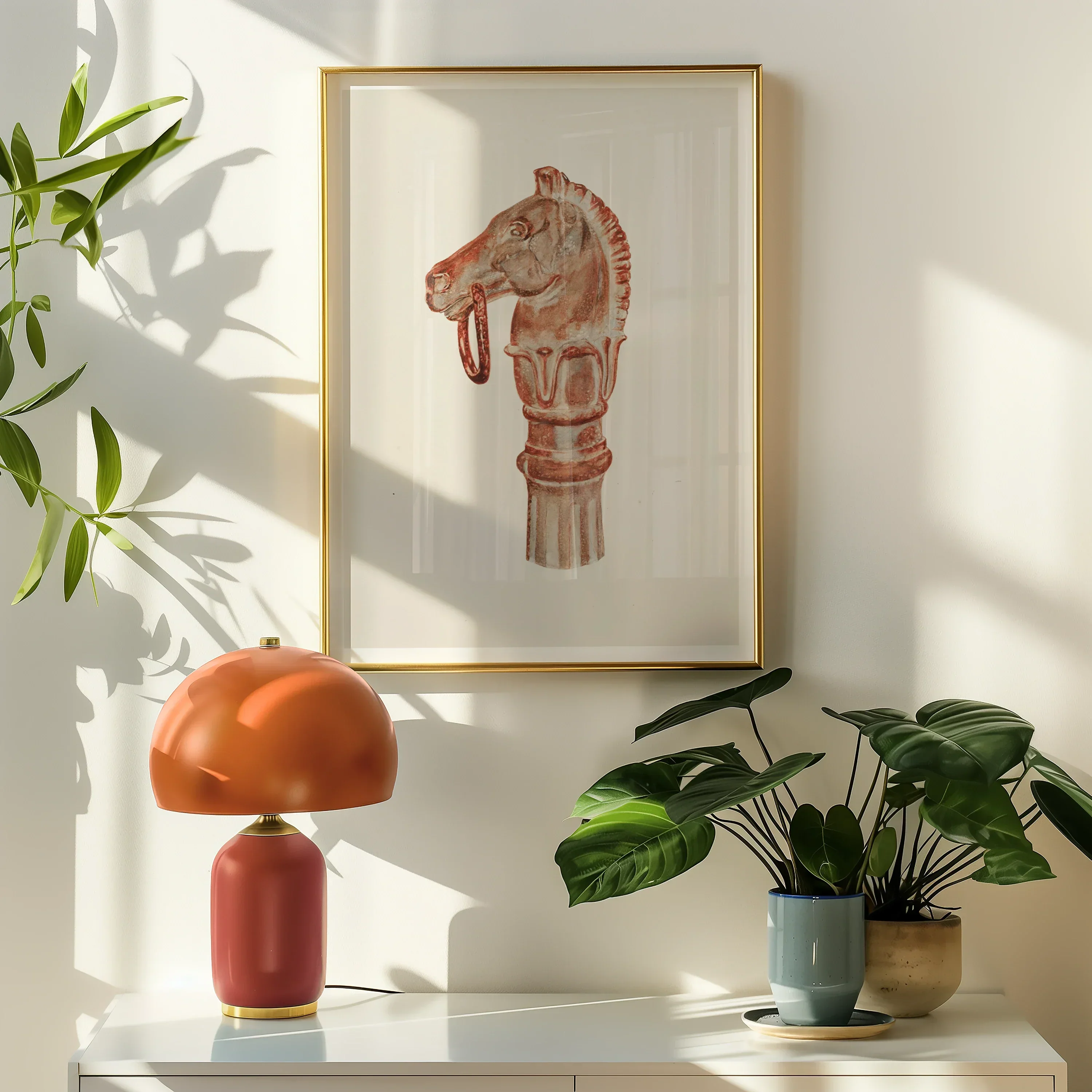 Copper Hitching Post Gerard Barnett Horse Art Print, Framed Artwork Horse Shaped Chess Piece Knight