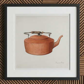 Copper Tea Kettle - Eugene Croe 1930s Kitchen Art Print, 12x12’’ / 31x31cm / Black Frame / 2’’ Matboard, Copper Kettle Wooden Handle