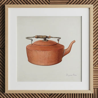 Bouilloire en cuivre - Eugene Croe Art de cuisine des années 1930, impression d'art, 12x12’’ / 31x31cm / Cadre naturel / Passe-partout de 2’’, Affiches, Impressions et Œuvres visuelles,