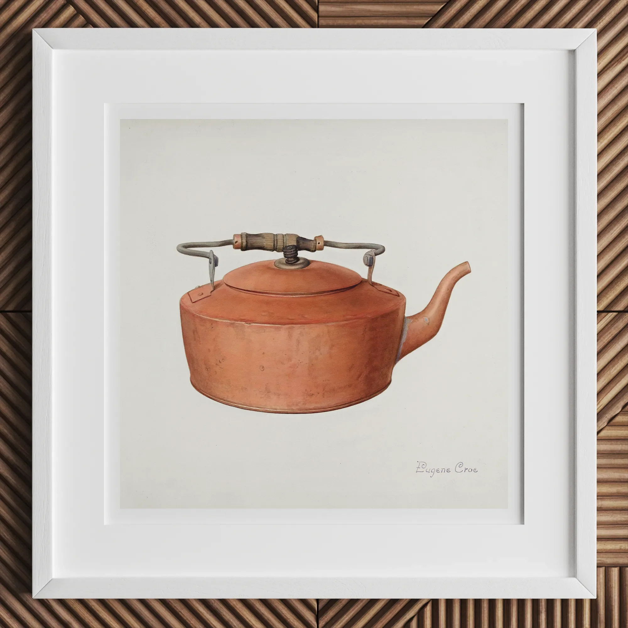 Copper Tea Kettle - Eugene Croe 1930s Kitchen Art Print, 12x12’’ / 31x31cm / White Frame, Framed Watercolor Print Copper Kettle