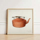 Watercolor Illustration Vintage Copper Kettle Wooden Handle Metal Eugene Croe’s Mesmerizing 1930s, Tea Print