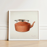 Watercolor Illustration Vintage Copper Kettle Dark Wooden Handle Eugene Croe’s Mesmerizing 1930s, Tea Print