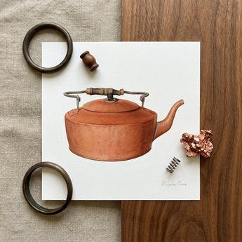 Copper Tea Kettle - Eugene Croe 1930s Kitchen Art Print / Canvas Watercolor Illustration Vintage Copper Kettle Wooden Handle Metal Eugene