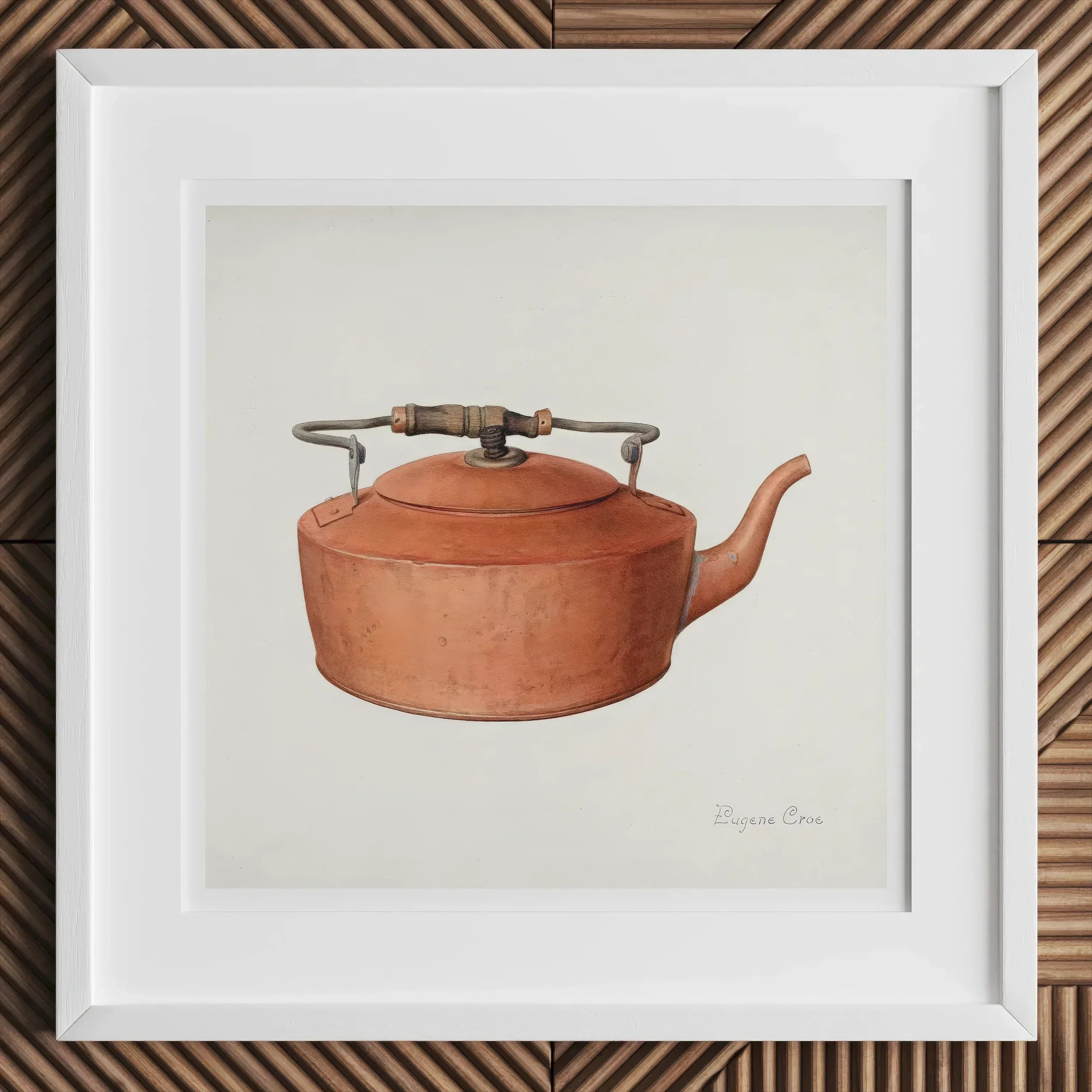 Copper Tea Kettle Eugene Croe 1930s Kitchen Art Print, Copper Colored Teapot Curved Spout Metal Handle