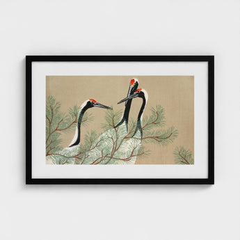 Cranes from Momoyogusa - Kamisaka Sekka Art Print / Canvas Black-framed Artwork Traditional-style Illustration Three Red-crowned Amidst,