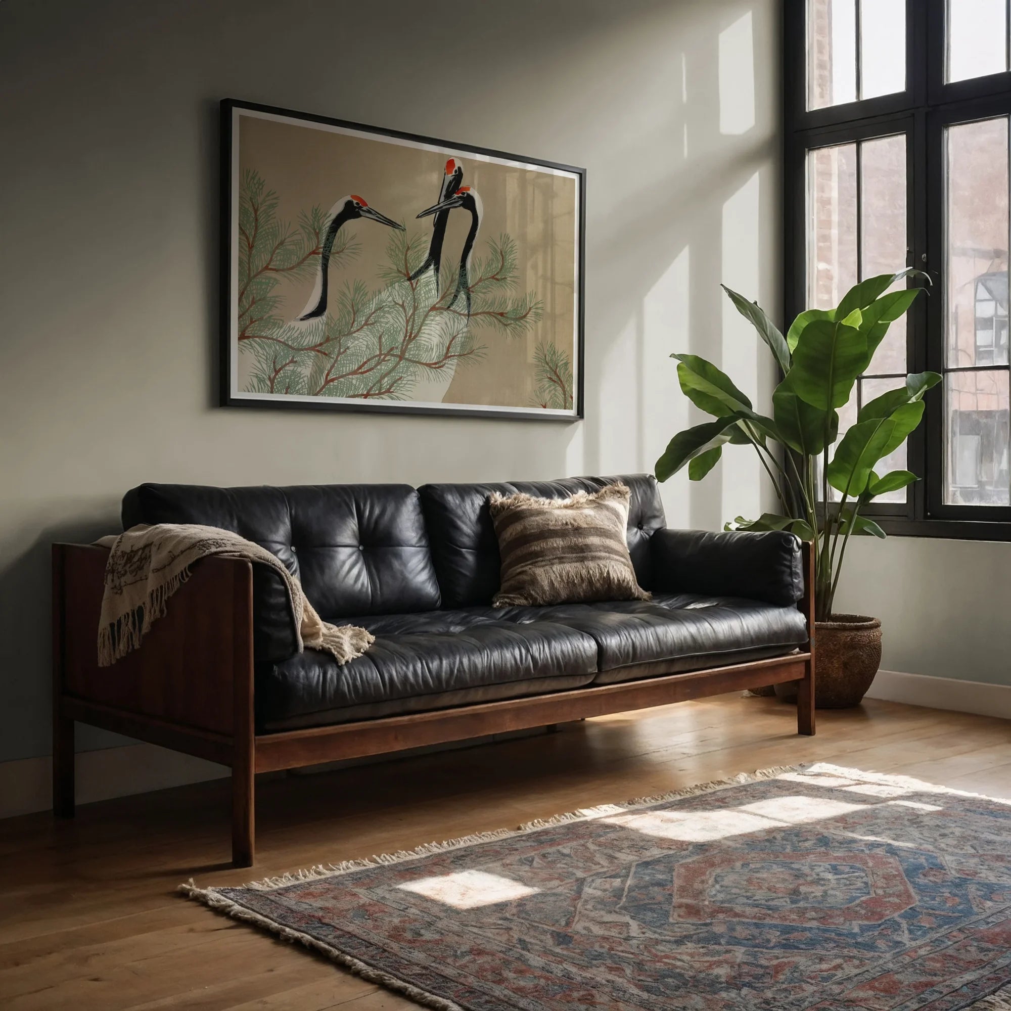 Cranes from Momoyogusa - Kamisaka Sekka Art Print, Black Leather Tufted Sofa Wooden Frame