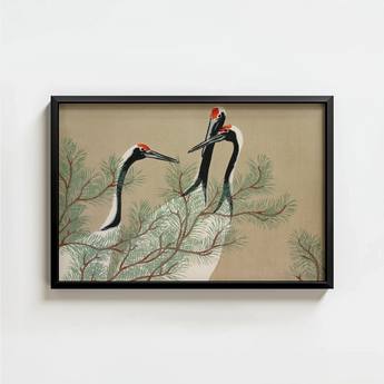 Black-framed Artwork Three Elegant Red-crowned Cranes Perched Among Kamisaka Sekka, Nihonga Artistry Meets Rinpa Elegance, Japanese