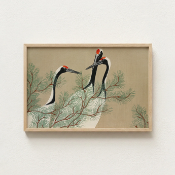 Framed Artwork Three Elegant Red-crowned Cranes Perched Among Kamisaka Sekka, Nihonga Artistry Meets Rinpa Elegance, Japanese Aesthetic