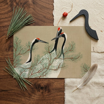 Cranes from Momoyogusa - Kamisaka Sekka Art Print / Canvas Beige Rectangular Card Hand-drawn Illustration Three Black-and-white Cranes