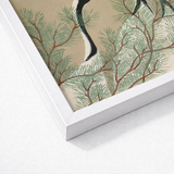 Framed Artwork Stylized Black White Crane Amidst Green Kamisaka Sekka, Nihonga Artistry Meets Rinpa Elegance, Japanese Aesthetic Bliss