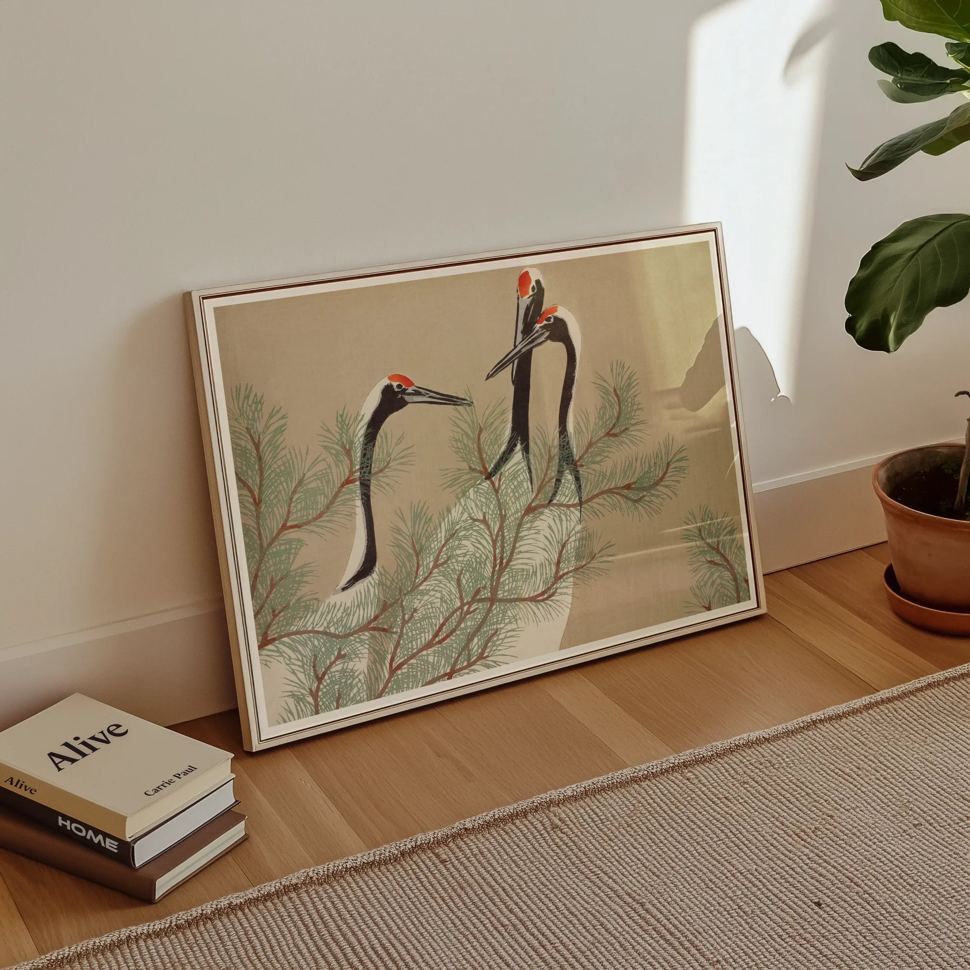 Cranes from Momoyogusa - Kamisaka Sekka Art Print, Framed Artwork Two Cranes Among Delicate Pine Needles
