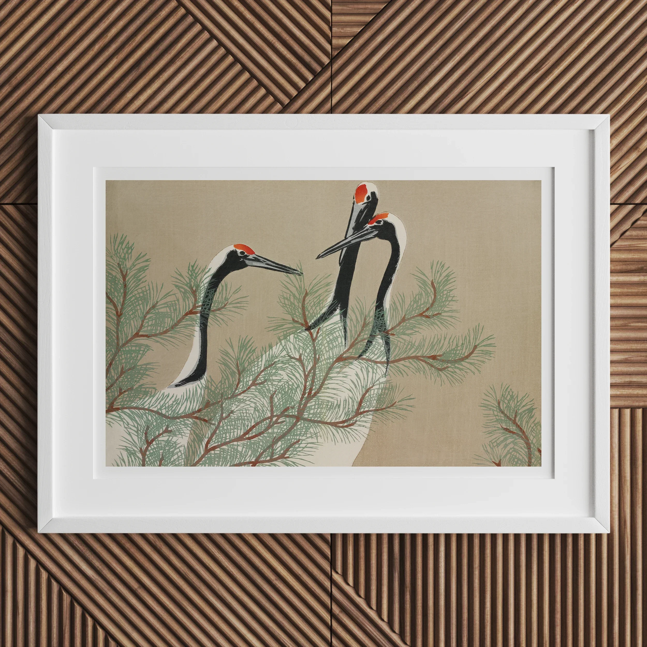 Cranes from Momoyogusa - Kamisaka Sekka Art Print, Framed Artwork Two Elegant Cranes Red-topped Heads Among