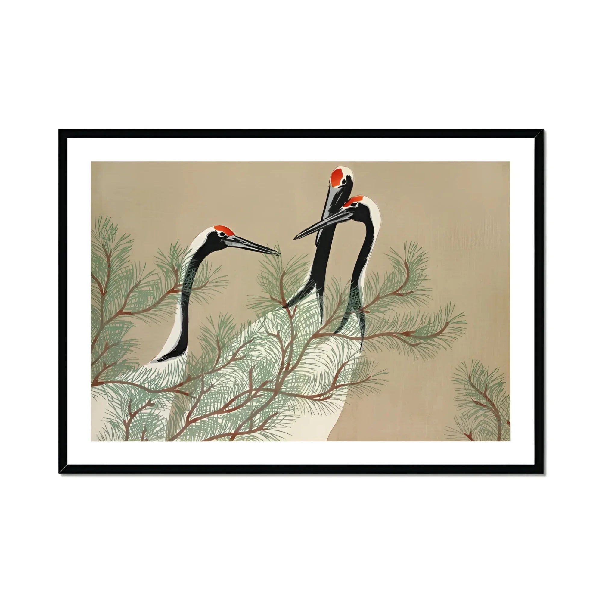 Cranes from Momoyogusa - Kamisaka Sekka Art Print, Three Elegant Cranes Long Necks Red Markings Perched