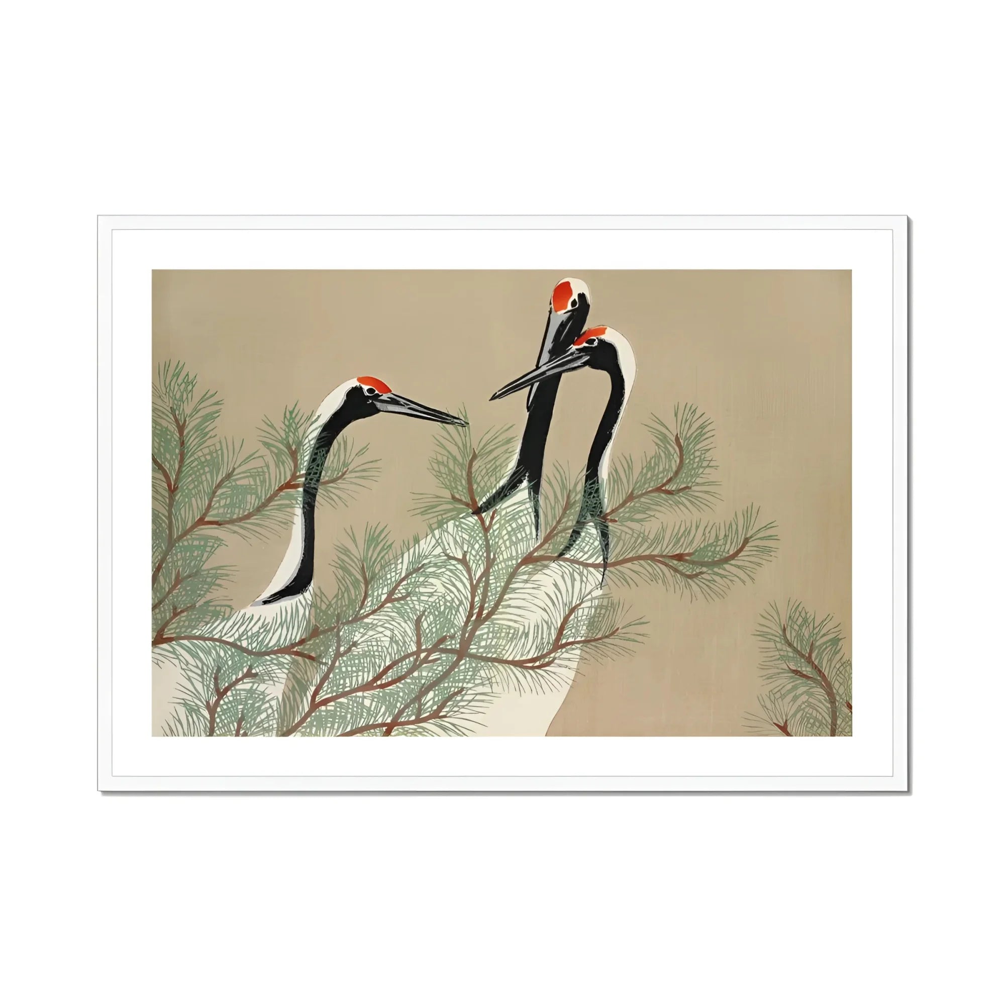 Cranes from Momoyogusa - Kamisaka Sekka Art Print, Three Elegant Cranes Long Necks Red Markings Perched