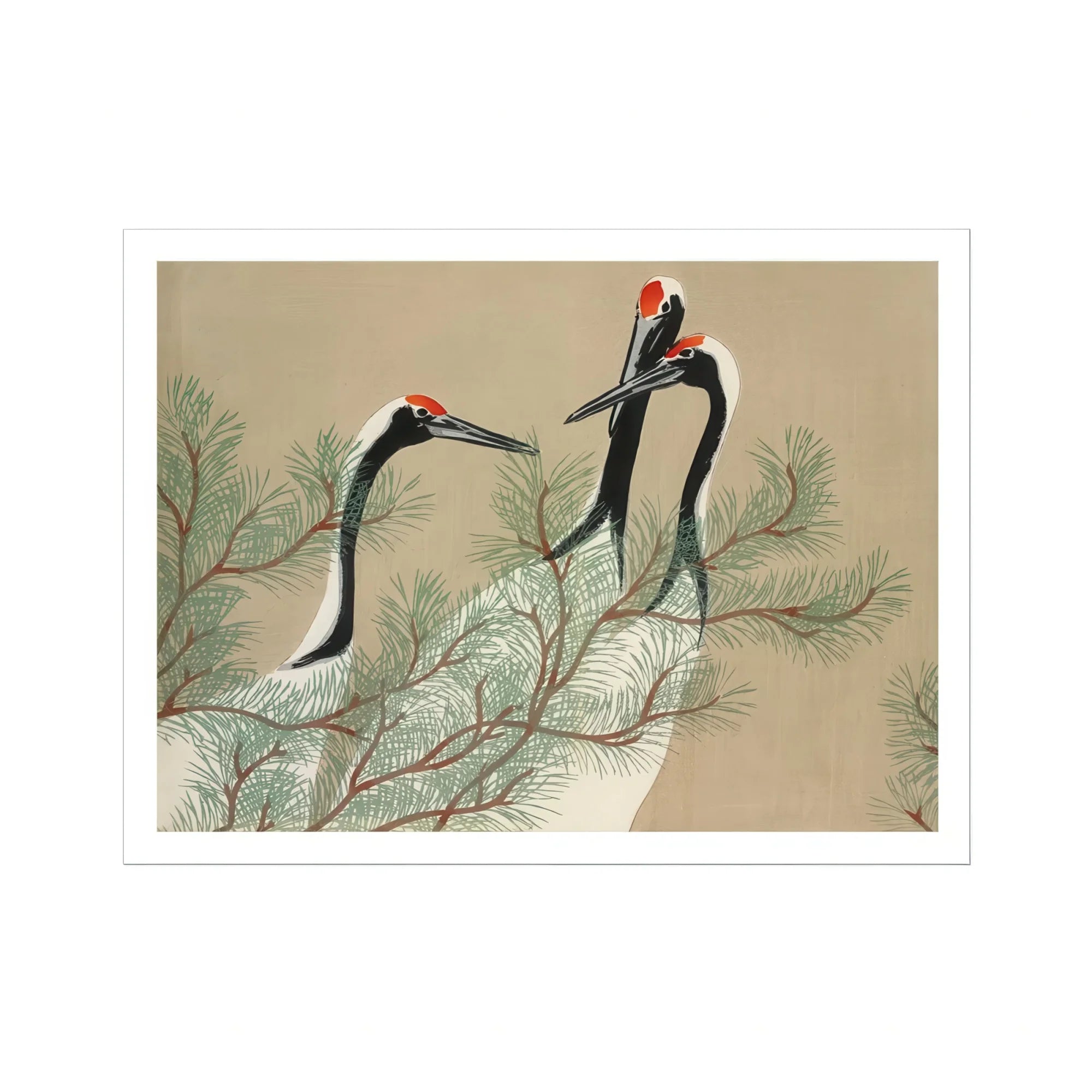 Cranes from Momoyogusa - Kamisaka Sekka Art Print, Two Cranes Long Necks Perched Among Pine Needles