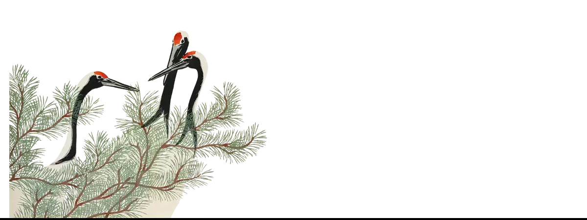 Cranes in a pine tree art print showcasing Kōno Bairei style by Taguchi Tomoki
