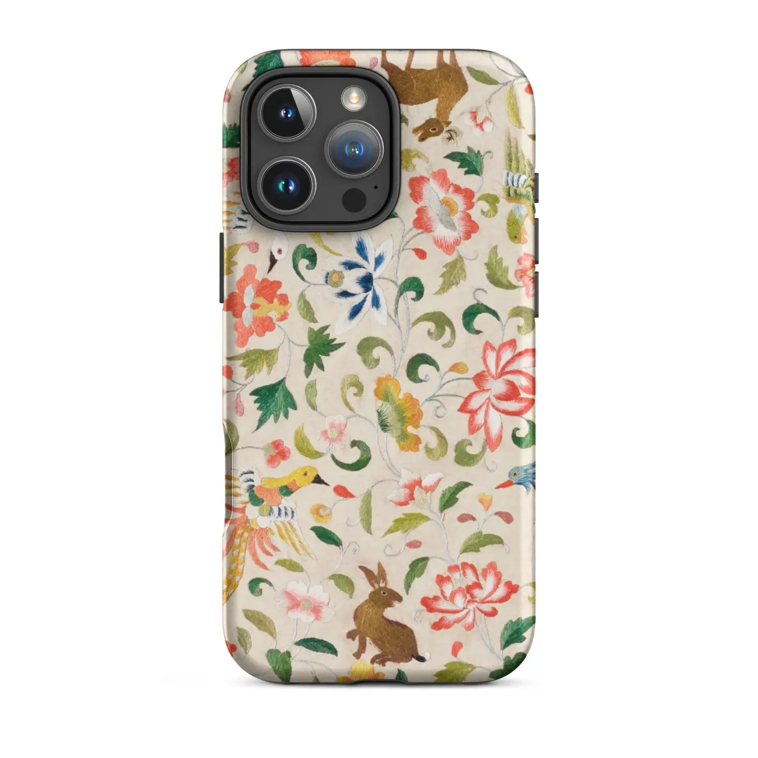 Textile art iPhone 13 Pro Max case with floral rabbits and leaves
