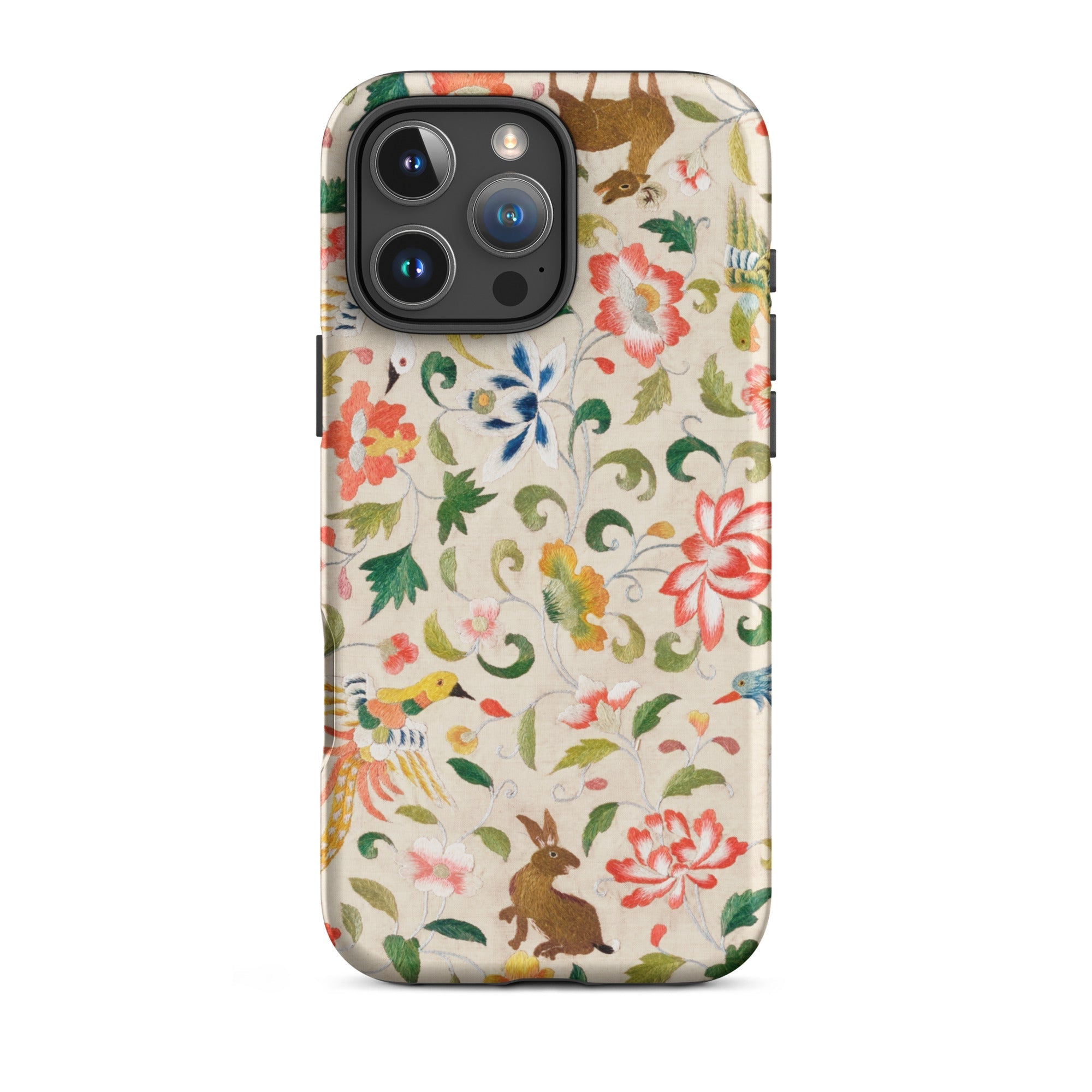 Crittersweet Symphony - Asian Fabric Art Iphone Case, 16 Pro Max / Matte, Floral Fauna Patterned Phone Case