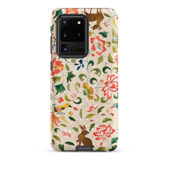 Crittersweet Symphony - Asian Fabric Art Phone Case Samsung Galaxy S20 Ultra / Matte Beige Phone Case Adorned Vibrant Floral Fauna Pattern