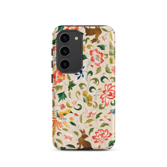 Crittersweet Symphony - Asian Fabric Art Phone Case Samsung Galaxy S23 / Matte Vibrant Floral Fauna Patterned Phone Case Cream Background