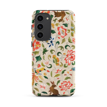 Crittersweet Symphony - Asian Fabric Art Phone Case Samsung Galaxy S23 Plus / Matte Beige Phone Case Adorned Vibrant Floral Fauna Pattern