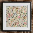 Crittersweet Symphony - Asian Fabric Art Print, 12x12’’ / 31x31cm / Black Frame / 2’’ Matboard, Framed Watercolor Painting Animals Flowers