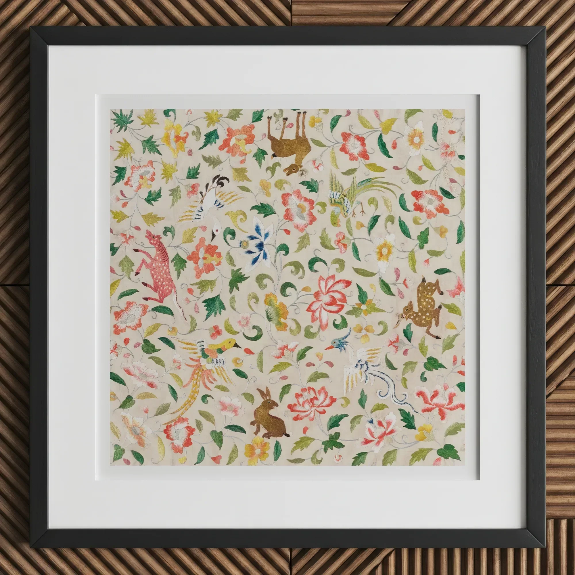 Crittersweet Symphony - Asian Fabric Art Print, 12x12’’ / 31x31cm / Black Frame / 2’’ Matboard, Framed Watercolor Painting Animals Flowers