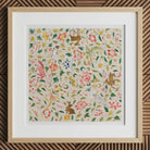 Crittersweet Symphony - Asian Fabric Art Print, 12x12’’ / 31x31cm / Natural Frame / 2’’ Matboard, Framed Floral-patterned Print Animals