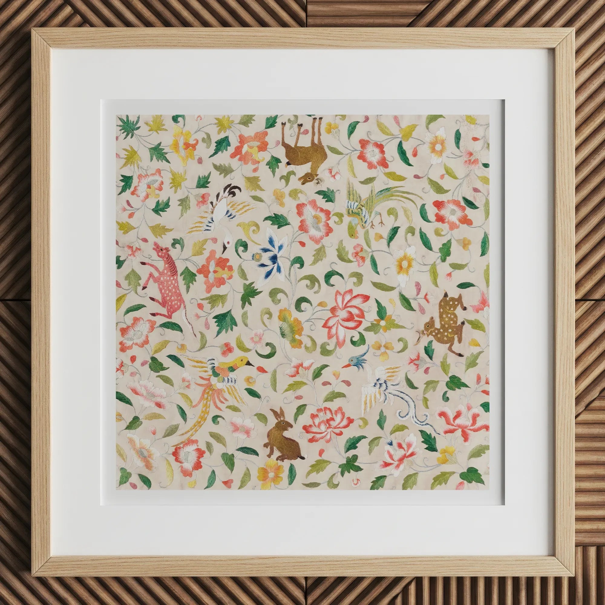 Crittersweet Symphony - Asian Fabric Art Print, 12x12’’ / 31x31cm / Natural Frame / 2’’ Matboard, Framed Floral-patterned Print Animals