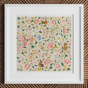 Crittersweet Symphony - Asian Fabric Art Print, 12x12’’ / 31x31cm / White Frame / 2’’ Matboard, Framed Colorful Botanical Animal Print