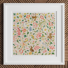 Crittersweet Symphony - Asian Fabric Art Print, 12x12’’ / 31x31cm / White Frame / 2’’ Matboard, Framed Colorful Botanical Animal Print
