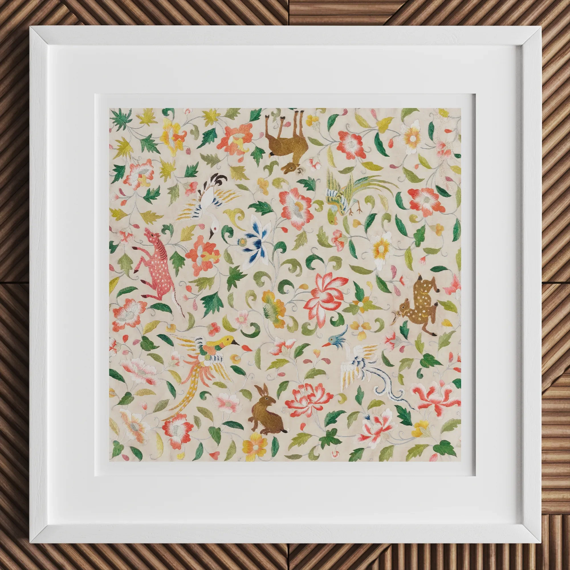 Crittersweet Symphony - Asian Fabric Art Print, 12x12’’ / 31x31cm / White Frame, Framed Colorful Botanical Animal Print Light Background