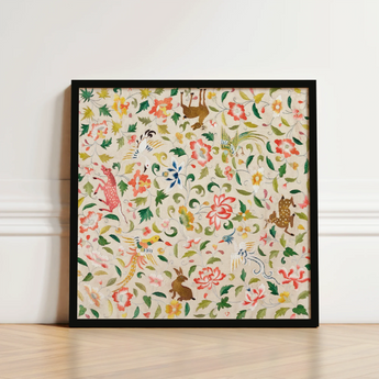 Framed Artwork Vibrant Intricate Pattern Stylized Animals Flowers Crittersweet Symphony, 12th-14th Century Asian Textile, Captivating