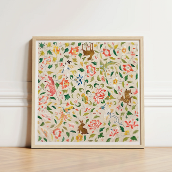 Square-framed Artwork Vibrant Hand-embroidered Pattern Whimsical Animals Flowers Crittersweet Symphony, 12th-14th Century Asian Textile,