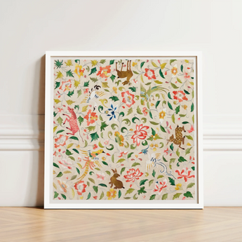 Framed Artwork Vibrant Intricate Pattern Stylized Animals Flowers Crittersweet Symphony, 12th-14th Century Asian Textile, Captivating