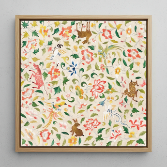 Crittersweet Symphony - Asian Fabric Art Print / Canvas Square-framed Artwork Vibrant Embroidered-style Pattern Colorful Flowers Whimsical