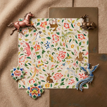 Crittersweet Symphony - Asian Fabric Art Print / Canvas Square Piece Paper Vibrant Intricate Floral Animal Pattern Crittersweet Symphony,