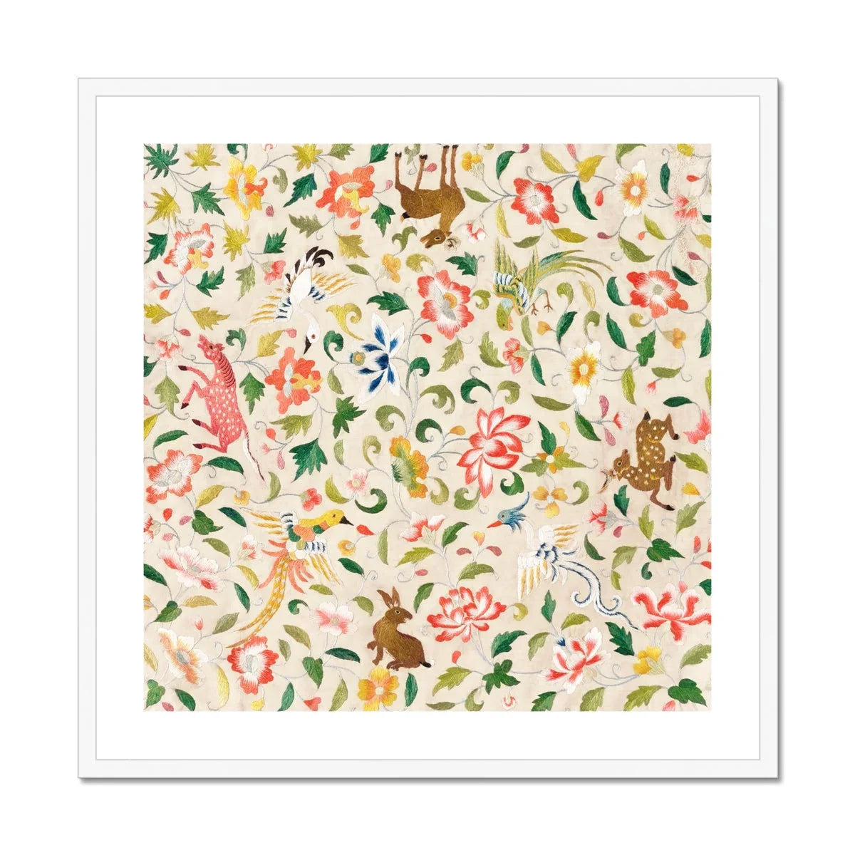 Crittersweet Symphony Asian Fabric Art Print, Floral Pattern Monkeys Leopards Among Colorful Blooms Foliage