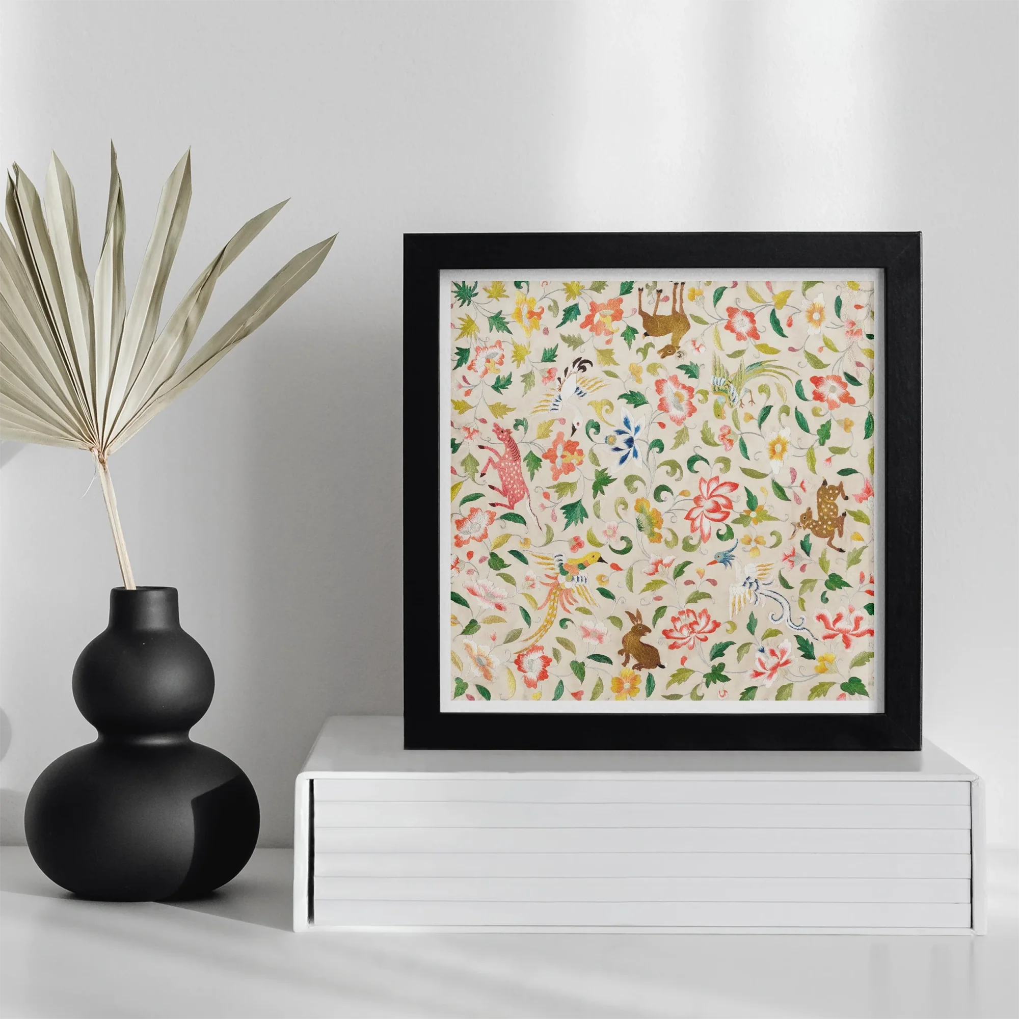 Crittersweet Symphony - Asian Fabric Art Print, Framed Floral Monkey Pattern Artwork Colorful Botanical Motifs