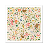 Crittersweet Symphony - Asian Fabric Art Print, Whimsical Floral Pattern Woodland Creatures Among Vines Blooms