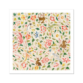 Crittersweet Symphony - Asian Fabric Art Print, Whimsical Floral Pattern Woodland Creatures Among Vines Blooms