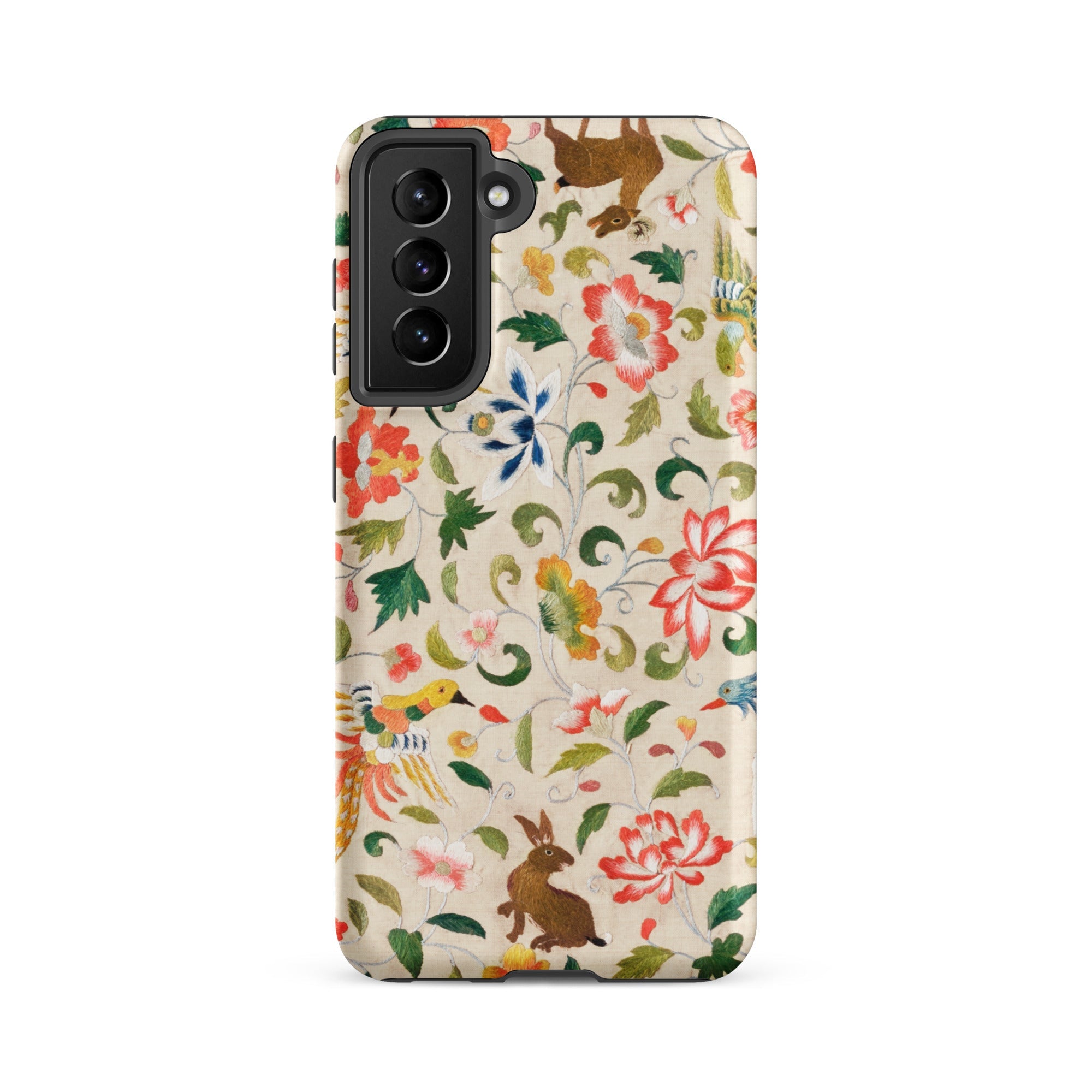 Crittersweet Symphony Asian Fabric Art Samsung Case, Galaxy S21 Fe / Matte, Smartphone Case Colorful Floral Animal Pattern
